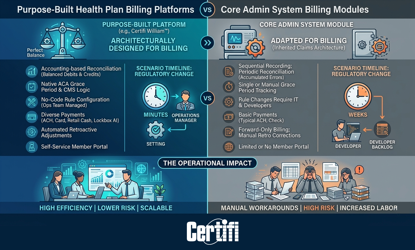 Purpose-built vs. Core Admin Systems a Health Plan Billing Software Comparison Infographic